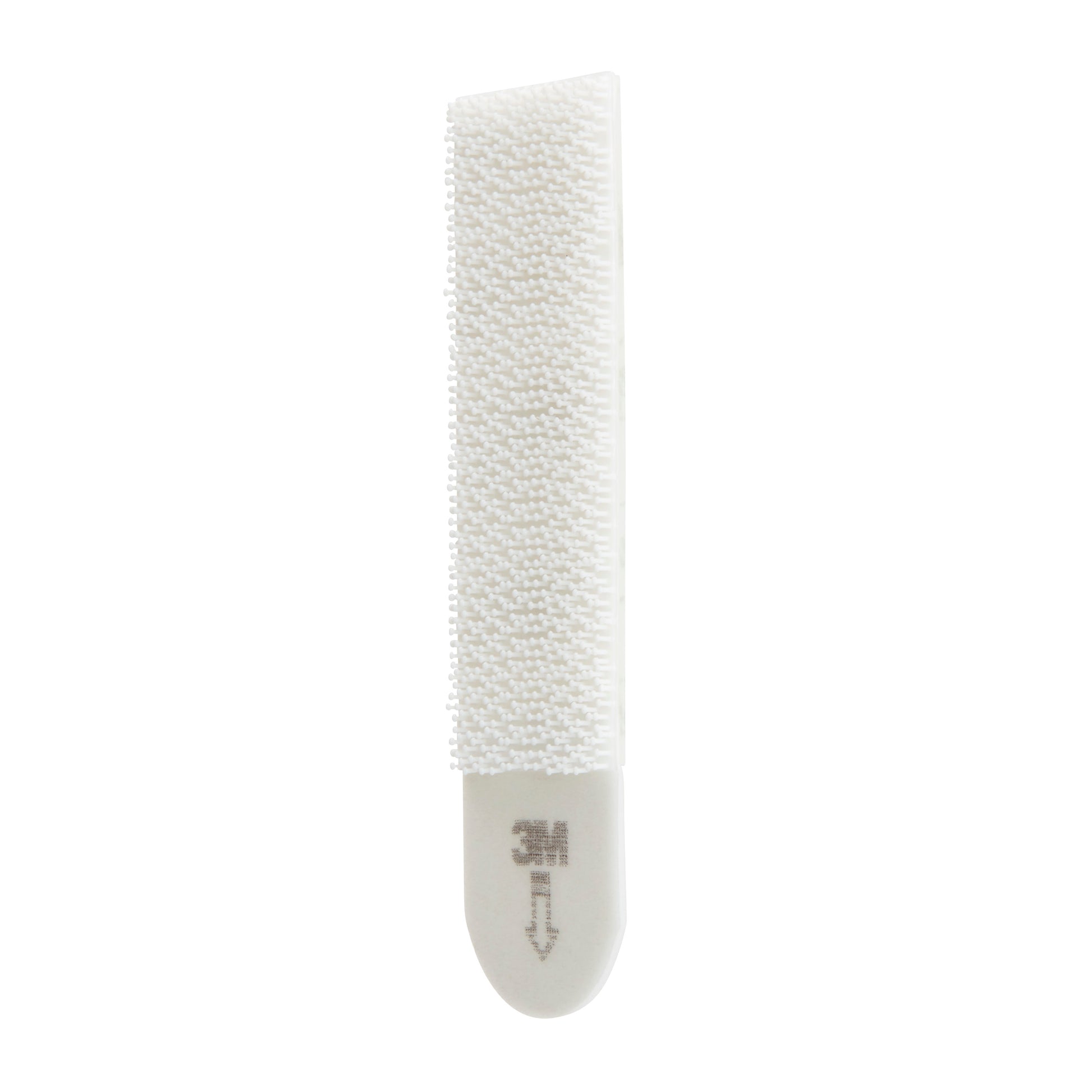 Ein einzelner weißer 3M Deutschland GmbH Command Picture Hanging Strip (10 lb, medium, 17204/PH204) verfügt über eine strukturierte Oberfläche und eine abgerundete Zuglasche mit Pfeil nach unten und "3M" in grau gedruckt. Verpackung: 1 Stück.