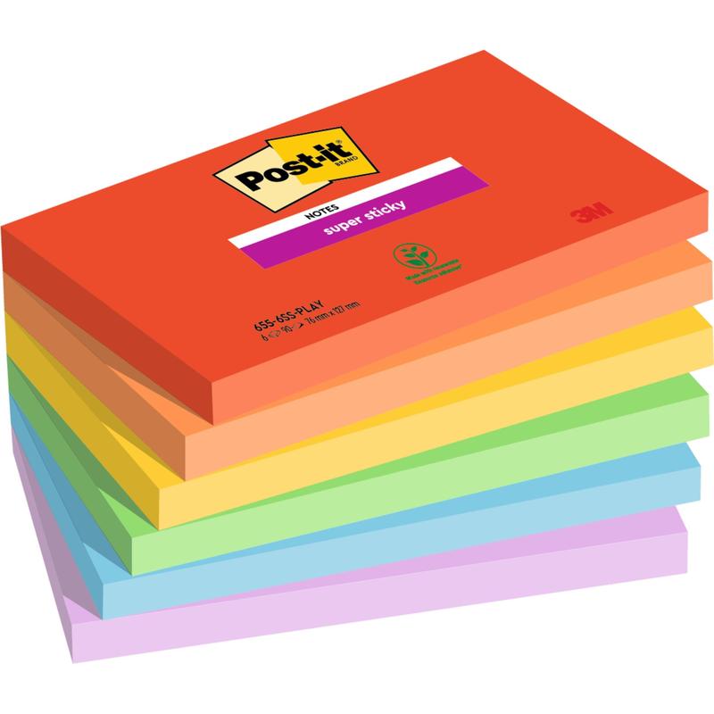 A stack of Post-it® Super Sticky Notes from 3M Deutschland GmbH, 76 x 127 mm, 90 sheets per block, 100% PEFC certified, in various colors, with the logo on the top sheet.