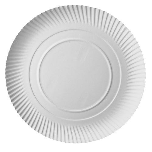 The PAPSTAR GmbH PAPSTAR 100 plates, cardboard "pure" round is a sustainable, simple white paper plate with a round shape and raised, corrugated edge; depicted in a top-down photo on a white background.