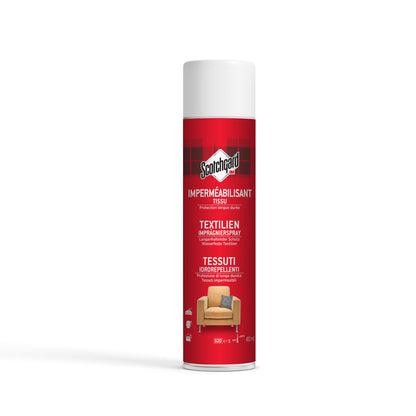 A red 400 ml can of 3M Scotchgard™ Textile Protector Spray (FR/DE/IT) from 3M Deutschland GmbH protects textiles from dirt and stains and features multilingual text and an armchair motif.