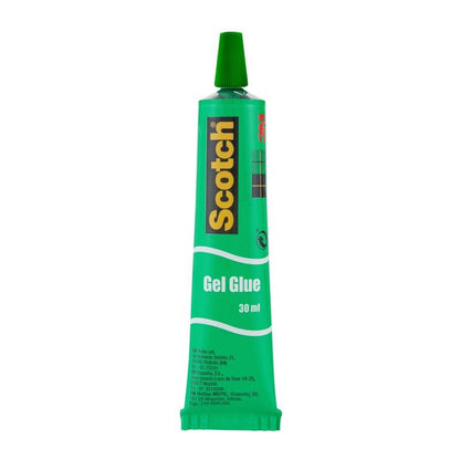 A 30 ml tube of Scotch® liquid glue from 3M Deutschland GmbH with a green cap and yellow "Scotch" lettering on a black label. This strong adhesive ensures reliable bonding; available in 24 tubes per display or as a single piece.