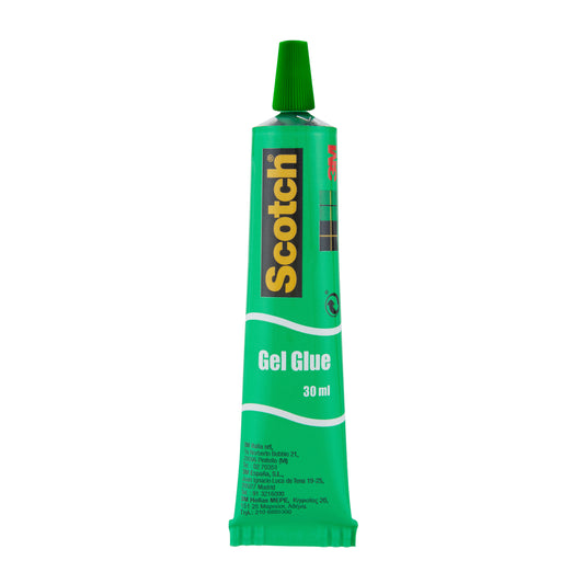 Eine grüne 30-ml-Tube Scotch® Flüssigkleber der 3M Deutschland GmbH mit grüner Kappe und einem Etikett mit "Scotch" in gelben, senkrechten Buchstaben und Produktangaben in Weiß.