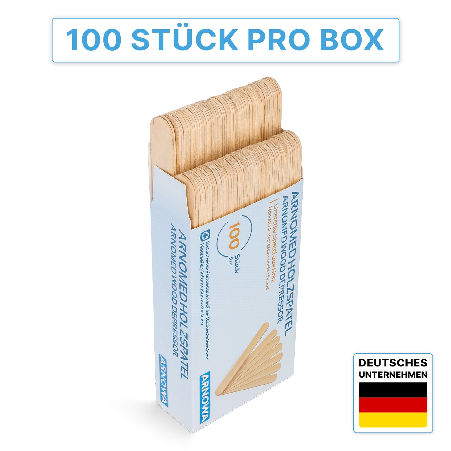 Eine Box mit der Aufschrift "ARNOMED HOLZSPATEL Unsteril natur" der ARNOWA GmbH enthält 100 Einweg-Holzspatel. Oben steht der Text "100 STÜCK PRO BOX", unten rechts eine deutsche Flagge und "DEUTSCHES UNTERNEHMEN Praxisbedarf".