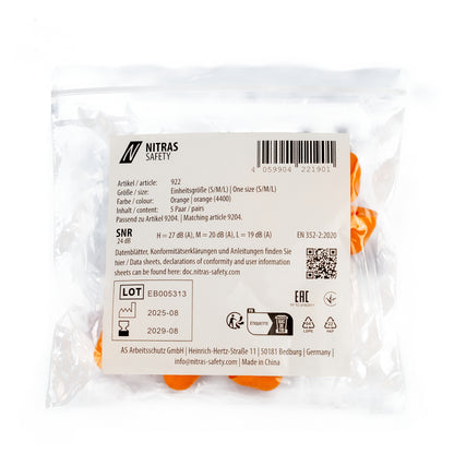 NITRAS ear plugs, orange, EN 352, polybag of 5 pairs | Pack (1 piece)
