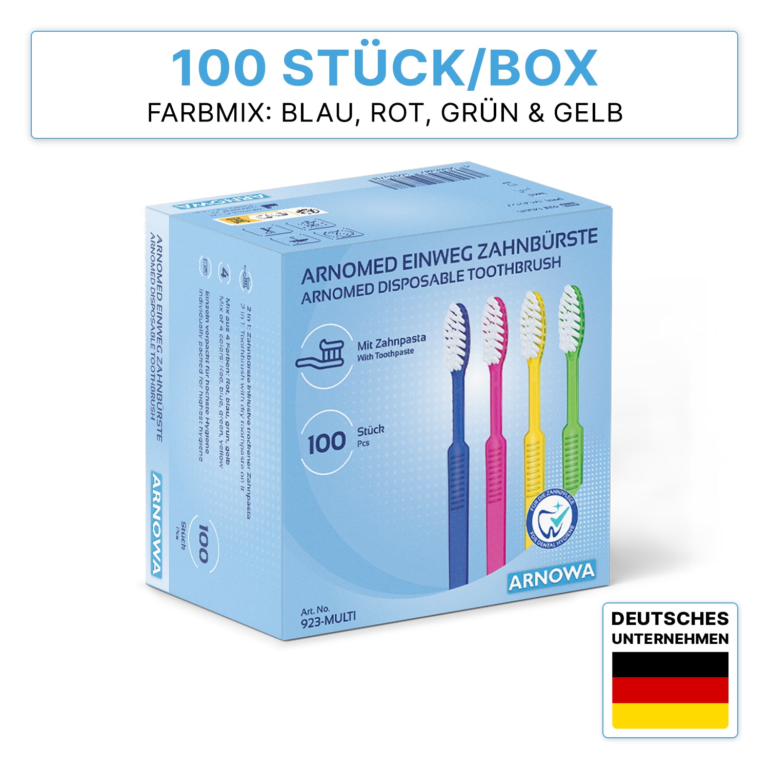 Eine Schachtel mit 100 ARNOMED Einweg Zahnbürsten mit Zahnpasta von ARNOWA GmbH in den Farben blau, rot, grün und gelb mit deutsch/englischem Text und einer deutschen Flagge, um die Herkunft als deutsches Unternehmen zu zeigen.