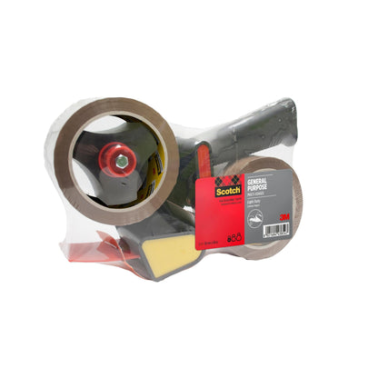 Der 3M Abroller mit Pistolengriff enthält einen schwarz-roten Dispenser mit grauem Etikett sowie zwei Rollen geräuscharmes, braunes Scotch® Allzweck-Klebeband (50 mm x 66 m) und ist originalverpackt.