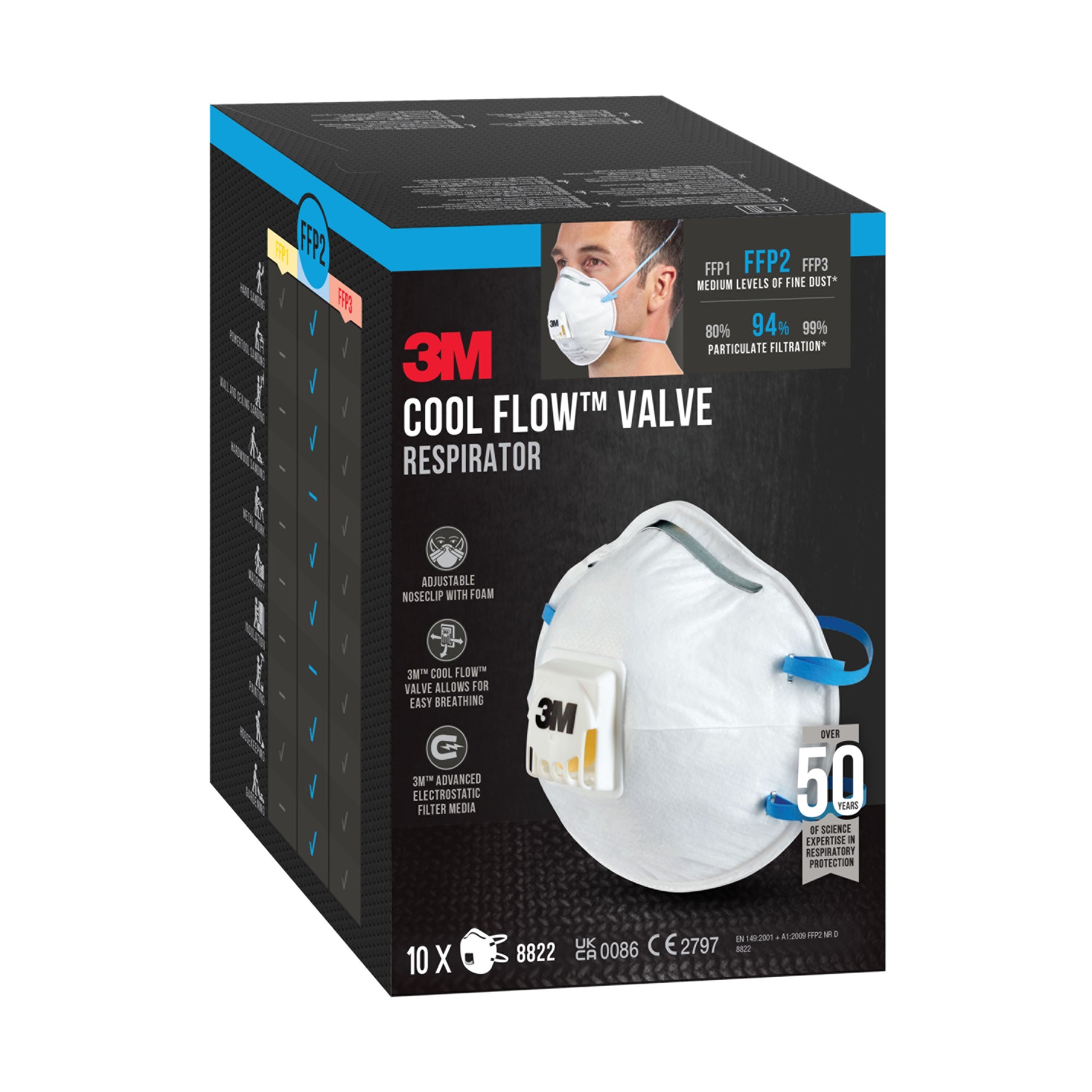 Eine Schachtel mit 3M™ Cool Flow™ Partikelmaske 8822, FFP2, mit Ventil von 3M Deutschland GmbH, mit einer Abbildung der Maske und Produktdetails; enthält 10 Masken pro schwarzer Schachtel mit blauen und weißen Akzenten.