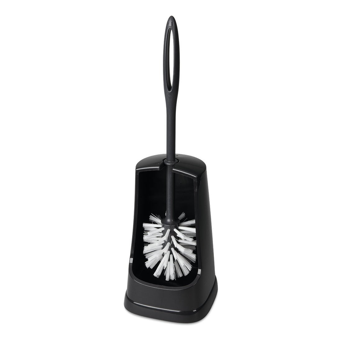 The Nölle Profi Brush toilet set with rim cleaner (regranulate, unassembled, 1 piece) from Nölle Profi Brush Brush & Paintbrush Technology e.K. stands upright in the matching black holder against a white background.