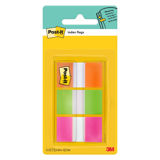 Eine Packung Post-it® Index Haftstreifen der 3M Deutschland GmbH enthält 60 rechteckige Fähnchen (25,4 mm × 43,2 mm) in den Farben Orange, Pink und Grün, die aus einer einzigen Standard-Blisterpackung abgefüllt sind.