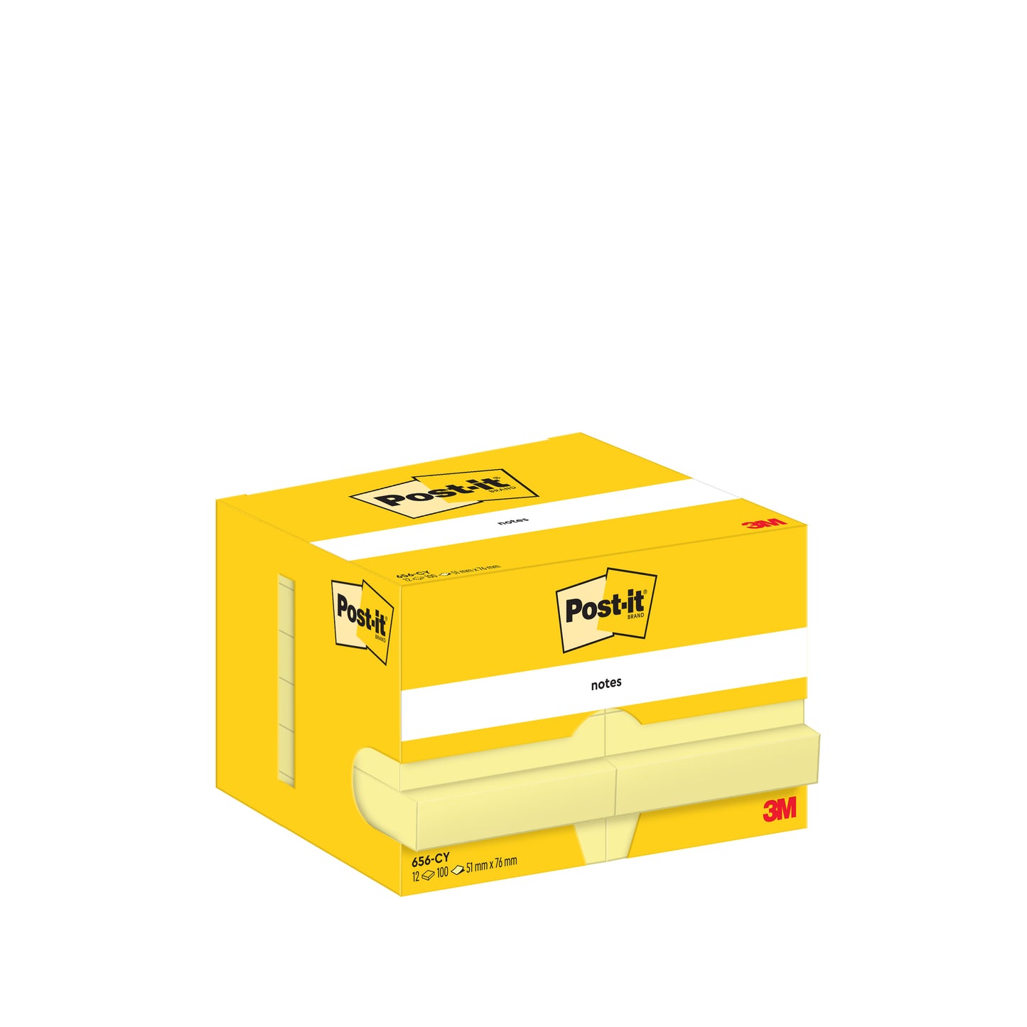 Eine gelbe Schachtel der 3M Deutschland GmbH Post-it® Notes, Gelb, 51 x 76 mm, 100 Blatt/Block, 12 Blöcke/Packung aus Kartonverpackung (100% PEFC), ist ideal für Ihren Bürobedarf.