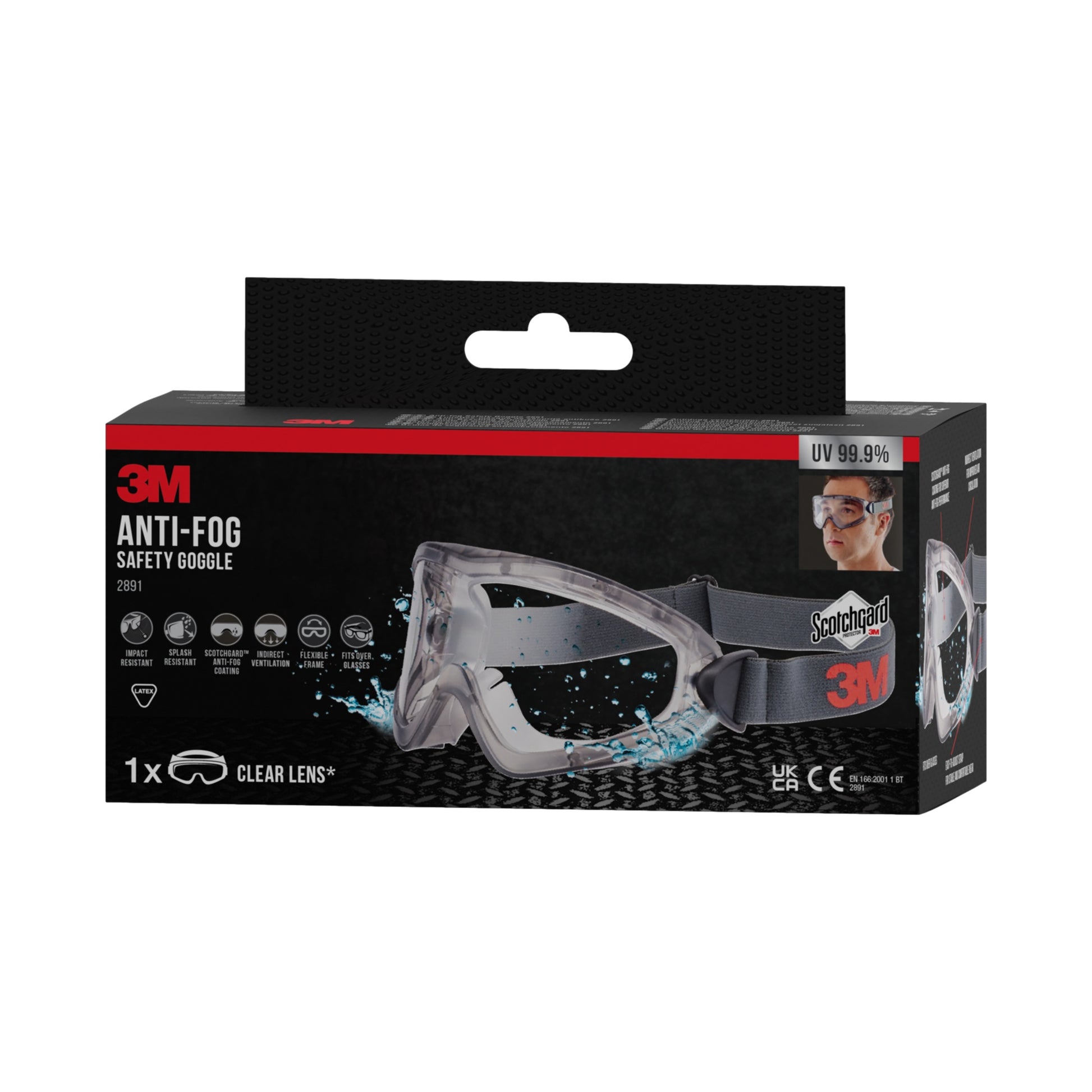 Ein schwarz-roter Karton mit 3M™ Schutzbrille 2891 mit Scotchgard™ Antibeschlag, indirekt belüftet, Klarsichtscheibe (1 Stück) von 3M Deutschland GmbH. Die Verpackung zeigt die Brille, Produktdetails und Wasserwellen für Anti-Beschlag-Effekt.