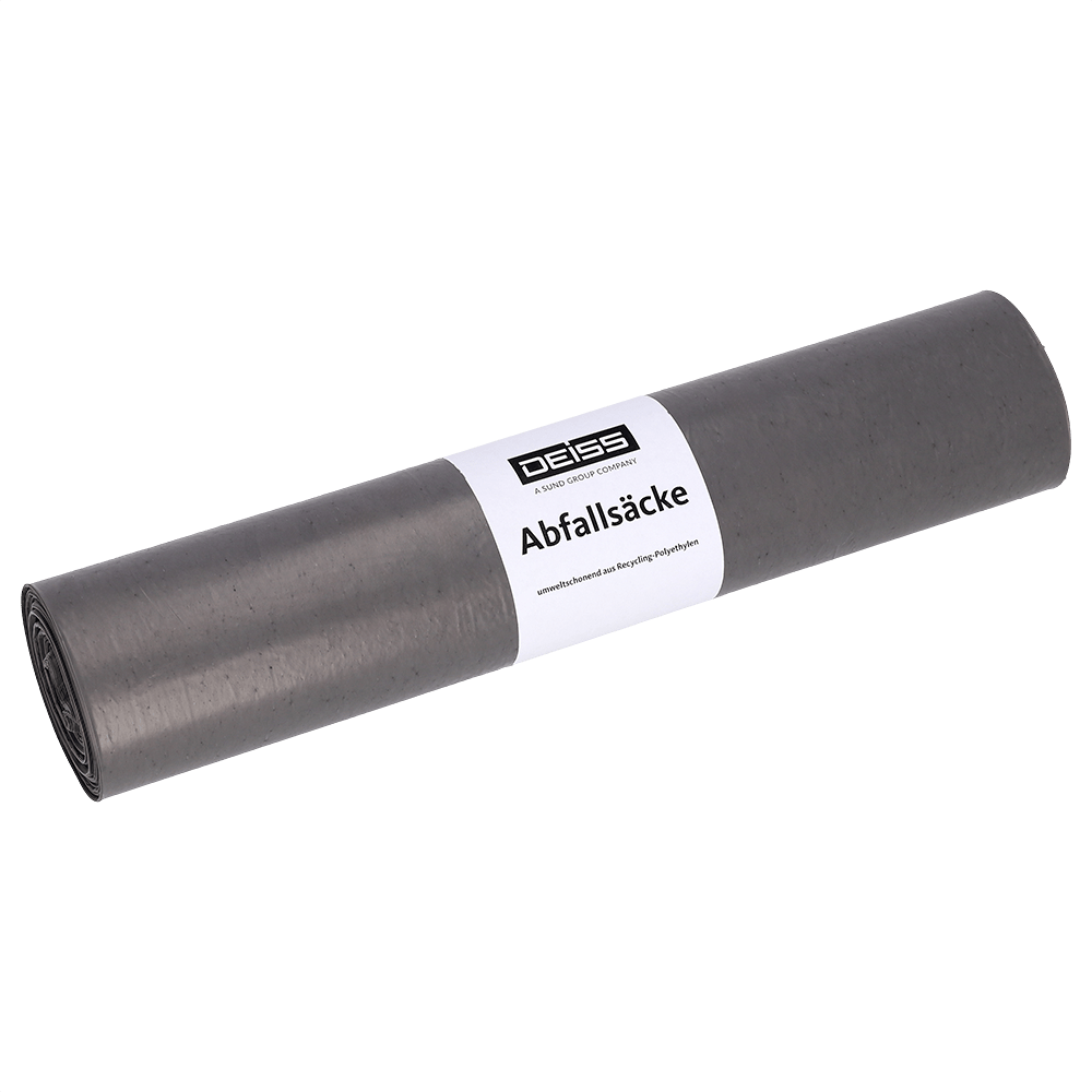 Pictured is a roll of EMIL DEISS KG (GmbH + Co.) DEISS 94007 gray garbage bags (660x800x0.05 mm, 25 pieces) with a white "DEISS Garbage Bags" label on a plain white background.