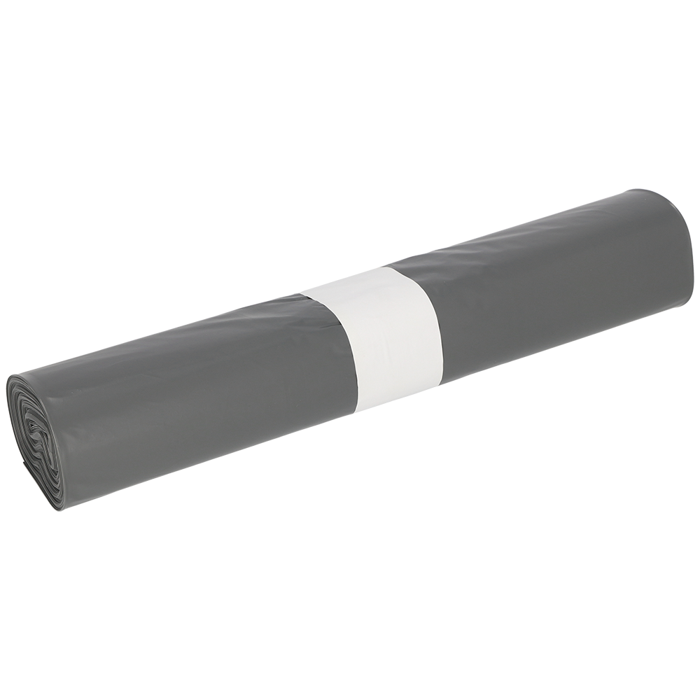 Eine Rolle DEISS 94028 Müllsäcke (600x800x0,05 mm, grau, 25 Stück) der EMIL DEISS KG ist mit einem weißen Papierband gesichert und vor einem schlichten hellen Hintergrund abgebildet.