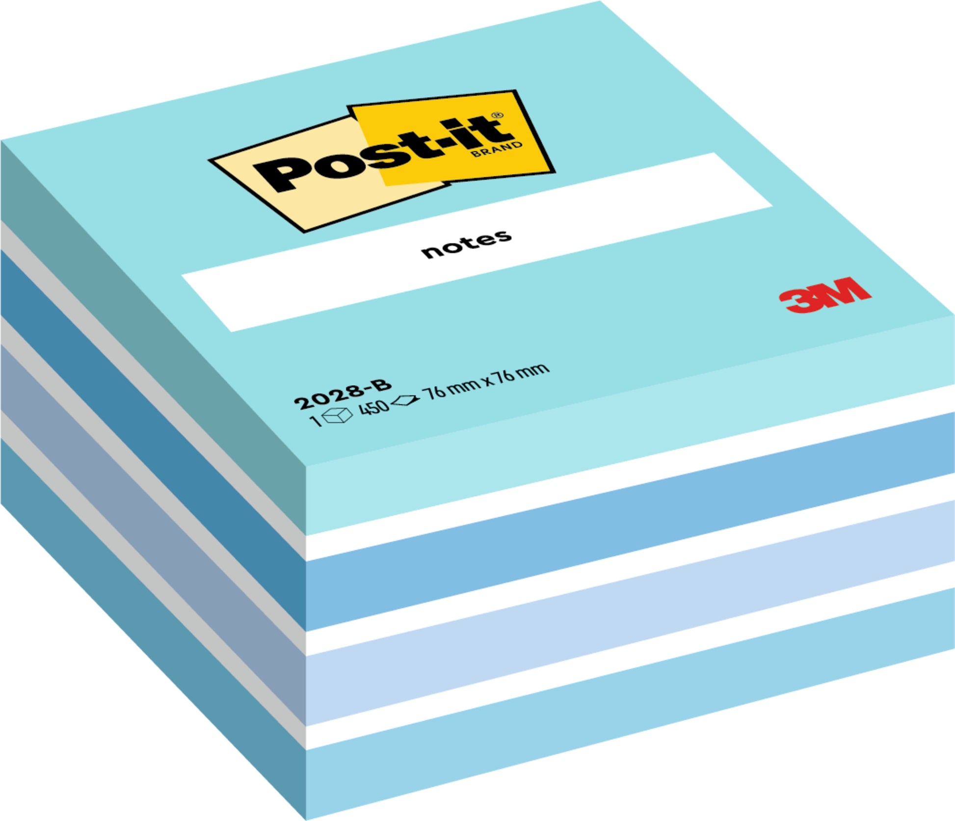 Ein Stapel Post-it® Notes Würfel (76 mm x 76 mm, 450 Blatt/Block, 100% PEFC) der 3M Deutschland GmbH zeigt abwechselnd weiße und blaue Blätter mit dem Post-it-Logo und "notes" auf der Oberseite.
