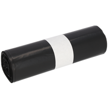 Abgebildet ist eine Rolle EMIL DEISS KG (GmbH + Co.) DEISS 95005 Müllbeutel, 200+180x540 mm Typ 70 schwarz (25 Stück), gesichert mit einem einfachen weißen Papierband, auf weißem Hintergrund.