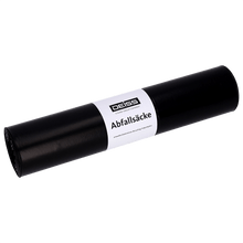 A black roll of EMIL DEISS KG (GmbH + Co.) garbage bags with the label "DEISS 95059 - 600x700 mm Type 60 black | Roll (25 pieces)" lies on a plain, light background.