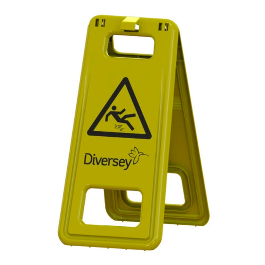 Ein gelbes Kunststoff-Warnschild "Rutschgefahr" von Diversey Deutschland GmbH & Co. OHG (280x580mm, 0,8kg), unerlässlich für die Nassreinigung. Zwei Schilder sorgen für die Einhaltung der Sicherheitsvorschriften; mit einem Symbol für eine rutschende Figur und aufrecht stehend. Verkauft pro Stück.