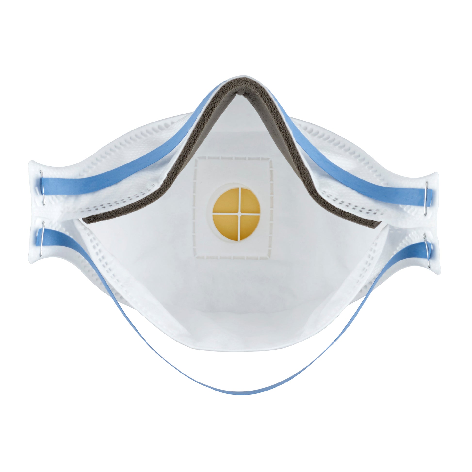 Detailansicht der 3M™ Aura™ Comfort Cool Flow™ Partikelmaske 9322+ FFP2 von 3M Deutschland GmbH, mit gelbem Ventil und grauem Schaumstoffstreifen am oberen Rand für zusätzlichen Komfort.