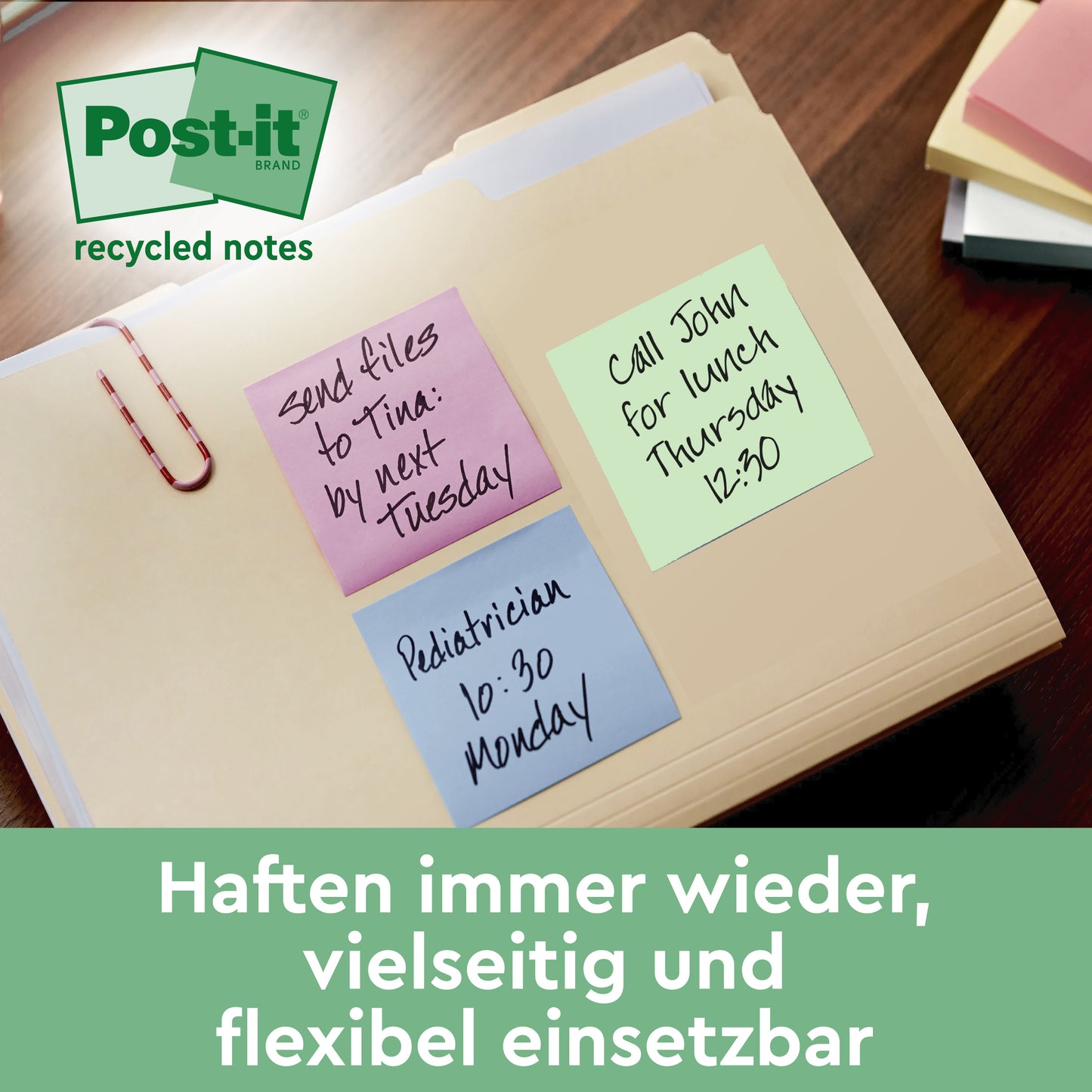 A folder with three Post-it® Super Sticky 100% Recycled Notes (76x76 mm, 70 sheets/block, 100% PEFC) from 3M Deutschland GmbH lists reminders such as sending files by Tuesday, a pediatrician appointment on Monday at 10:30 AM, and lunch with John on Thursday at 12:30 PM. The German text appears below.