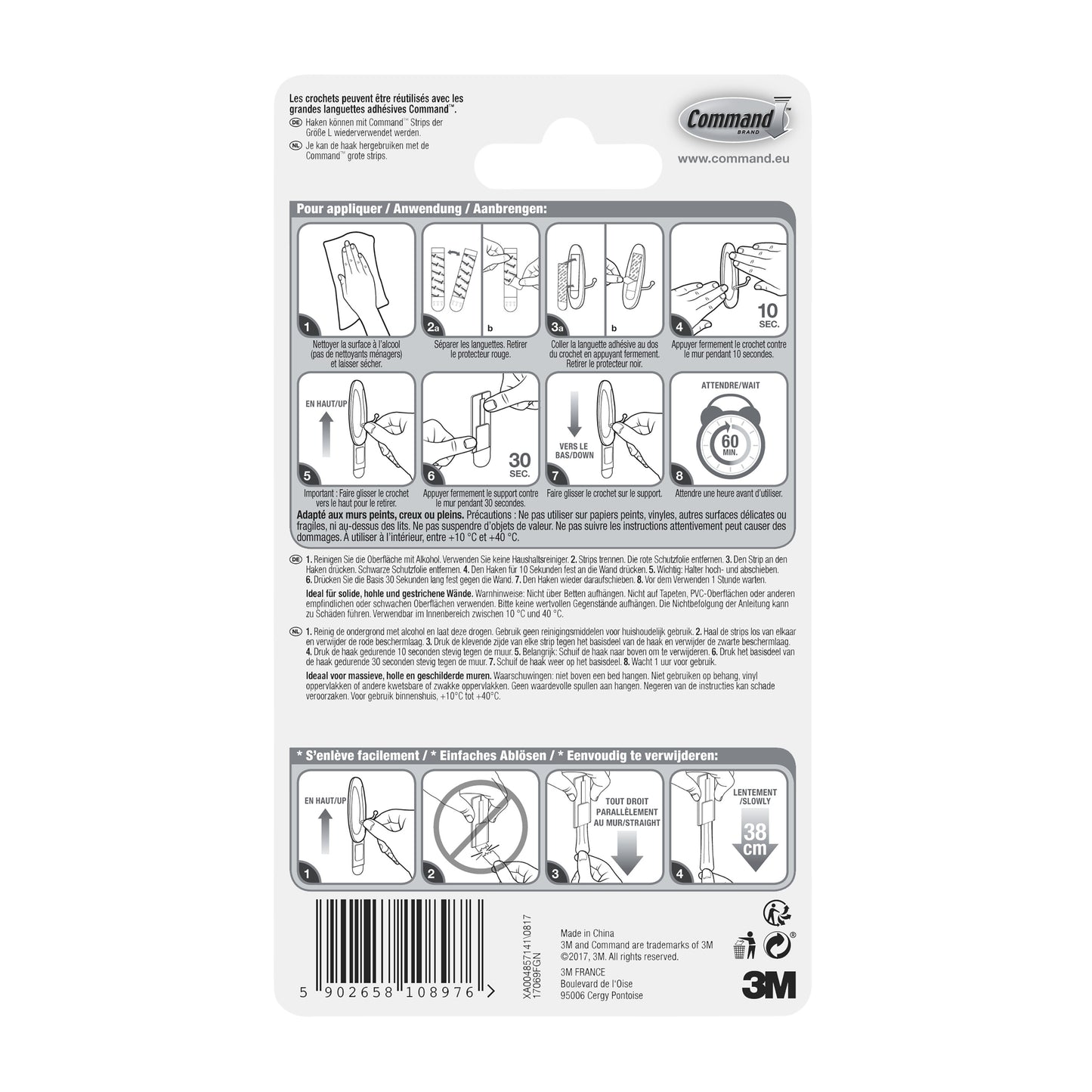 Auf der Rückseite des Command™ Large Drahthaken, 17069 von 3M Deutschland GmbH finden Sie eine bebilderte Schritt-für-Schritt-Anleitung, mehrsprachigen Text, Produktdetails, Warnhinweise, einen Barcode sowie Logos von 3M und Command.