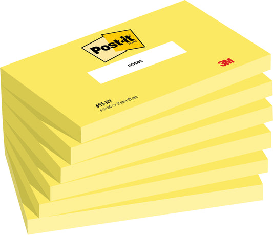 Abgebildet ist ein Stapel von sechs gelben Post-it® Notes (76 mm x 127 mm, 100 Blatt/Block, 100% PEFC) der 3M Deutschland GmbH mit dem Post-it® Logo und einem "notes"-Etikett oben und dem 3M Logo in der rechten unteren Ecke.