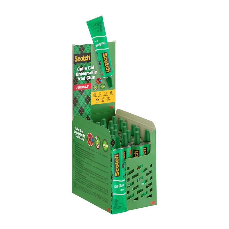 A green display box contains 24 tubes of 3M Deutschland GmbH Scotch® liquid glue (30 ml); one tube stands upright. The packaging shows product information in multiple languages and images highlighting the application of the strong adhesive.