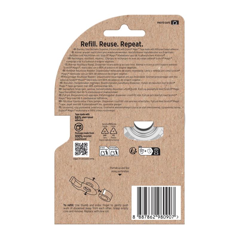 The back of the packaging shows instructions, recycling symbols, barcode, and illustrations for refilling the Scotch™ stainless steel tape dispenser, silver + Scotch® Magic™ tape (66% plant-based adhesive) from 3M Deutschland GmbH.