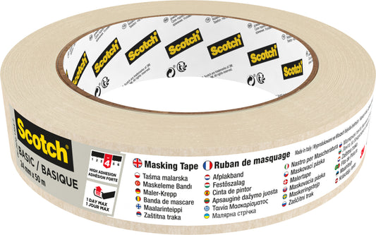 Eine Rolle Scotch® Abdeckband Basic, 50 m von 3M Deutschland GmbH in beige. Das Etikett zeigt die Marke und "Abdeckband" in verschiedenen Sprachen mit Produktspezifikationen.