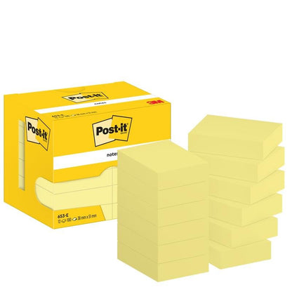 A yellow box of Post-it® Notes, Yellow, 38 mm x 51 mm, 100 sheets/block, 12 blocks/pack from 3M Deutschland GmbH is shown next to ten stacks of yellow sticky notes; both bear the Post-it logo and the 3M branding.