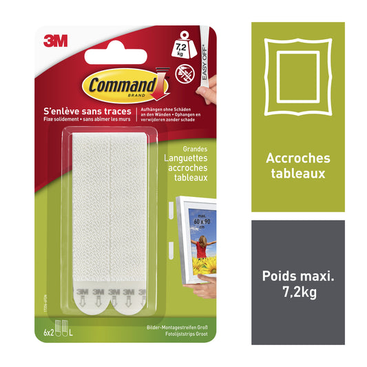 Eine Packung 3M Deutschland GmbH Große Command™ Bilder-Montage Strips L, 6 Sets (17206-6), beschriftet in Französisch. Die Packung hebt ein maximales Gewicht von 7,2 kg hervor und zeigt zwei weiße Streifen mit sichtbaren Anweisungen und Branding.