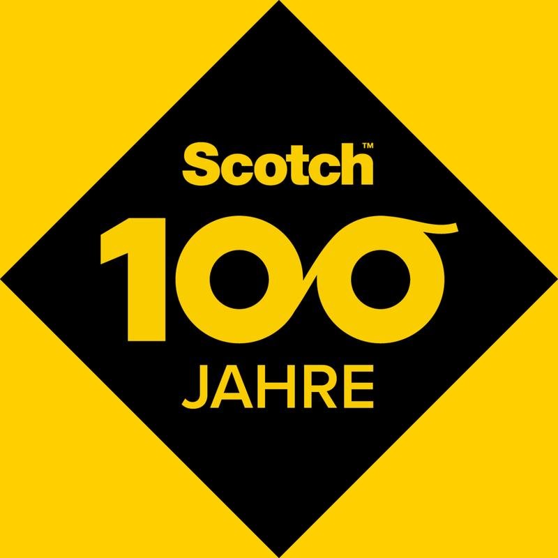 A black diamond on a yellow background shows "Scotch 100 YEARS" with the "00" as tape rolls, celebrating 100 years of transparent tape. Product: Scotch® Crystal Tape 6-1925R3 (19 mm x 25 m, 3 rolls), from 3M Deutschland GmbH.