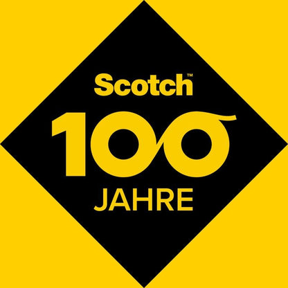 A black diamond on a yellow background shows "Scotch 100 YEARS" with the "00" as tape rolls, celebrating 100 years of transparent tape. Product: Scotch® Crystal Tape 6-1925R3 (19 mm x 25 m, 3 rolls), from 3M Deutschland GmbH.