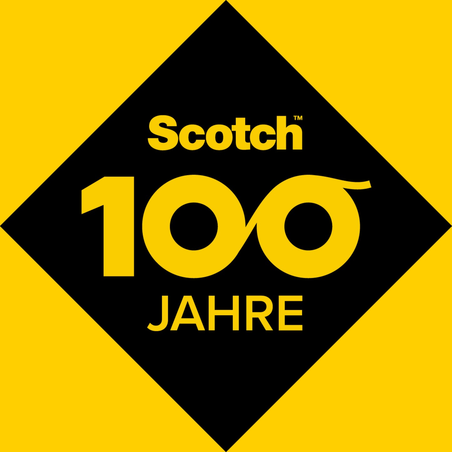 A black diamond on a yellow background with the inscription "Scotch 100 Years" stands for the 100th anniversary of the Scotch™ Desktop Tape Dispenser C38, Black (3M Deutschland GmbH); the two zeros in "100" form an infinity symbol.