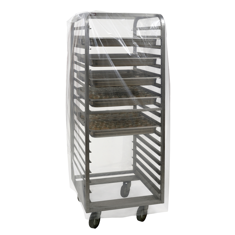 Ein Bäckereiregal aus Metall mit mehreren Fächern wird von einer transparenten Hordenwagenabdeckung DEISS 99261 (950+750x1800x0,03 mm) der EMIL DEISS KG abgedeckt, die die Lebensmittelsicherheit in einem schlichten Weiß hervorhebt.