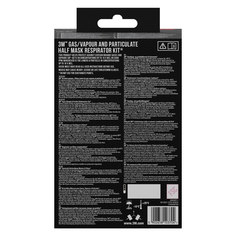 Back of a 3M™ Filter Set 6002-1SP, A2P2 organic vapors (2x6055, 2x5925, 2x501) package from 3M Deutschland GmbH with product details, instructions, warnings, symbols, and barcode on a black background.