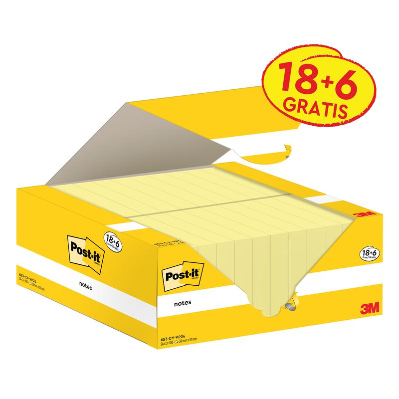An opened box of Post-it® Notes, Yellow (38 mm x 51 mm, 100 sheets/block), from 3M Deutschland GmbH reveals several yellow notes; the packaging offers 18 blocks + 6 free and bears the PEFC eco-label.