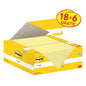 An opened box of Post-it® Notes, Yellow (38 mm x 51 mm, 100 sheets/block), from 3M Deutschland GmbH reveals several yellow notes; the packaging offers 18 blocks + 6 free and bears the PEFC eco-label.