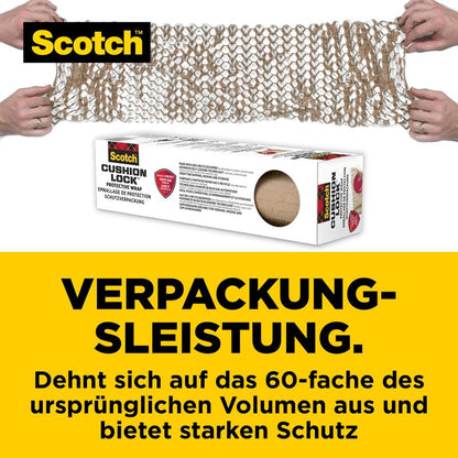 Two hands roll the Scotch™ Cushion Lock™ protective packaging (30.4 cm x 9.14 m, 1 roll/package) from 3M Deutschland GmbH over a box. Ideal for delicate items - expands and provides strong protection.