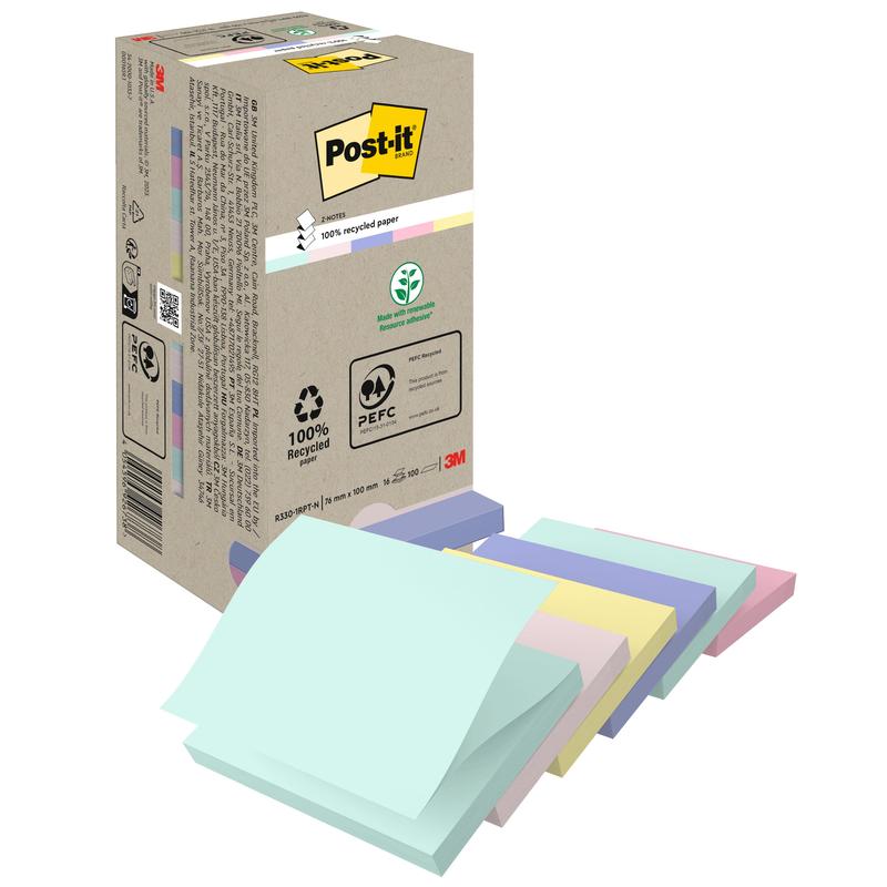 A box of 3M Post-it® Recycling Z-Notes (76x76 mm, 100 sheets, 100% PEFC) stands next to five pastel-colored stacks - blue, green, yellow, pink, and purple. Recycling and certification symbols are depicted on the cardboard box.