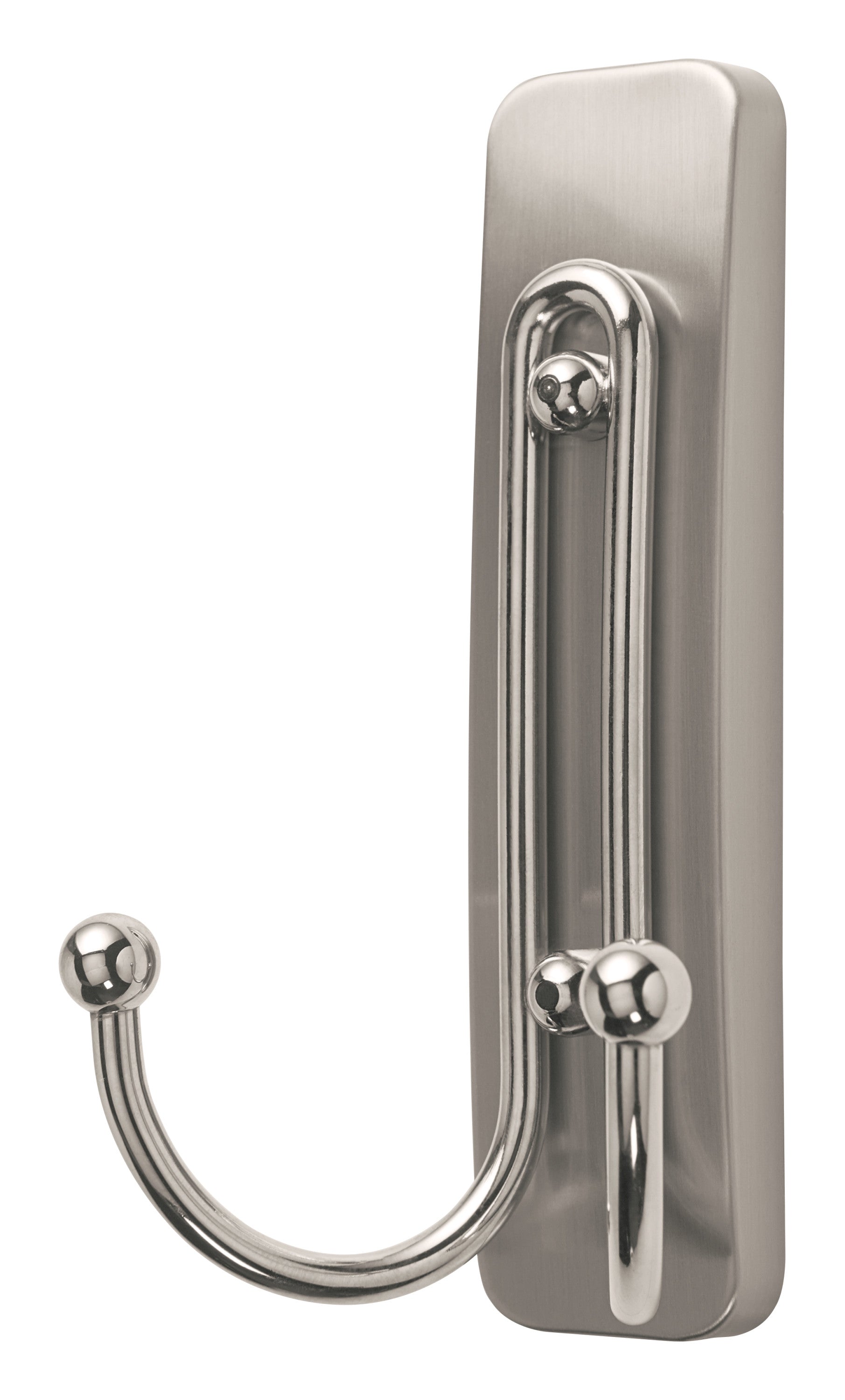 Der Großer Command™ Doppelhaken in gebürstetem Nickel von 3M Deutschland GmbH verfügt über ein rechteckiges Wandpaneel und zwei unterschiedlich große Haken - ideal zur Wandmontage, Packung mit 1 Haken und 1 Strip.