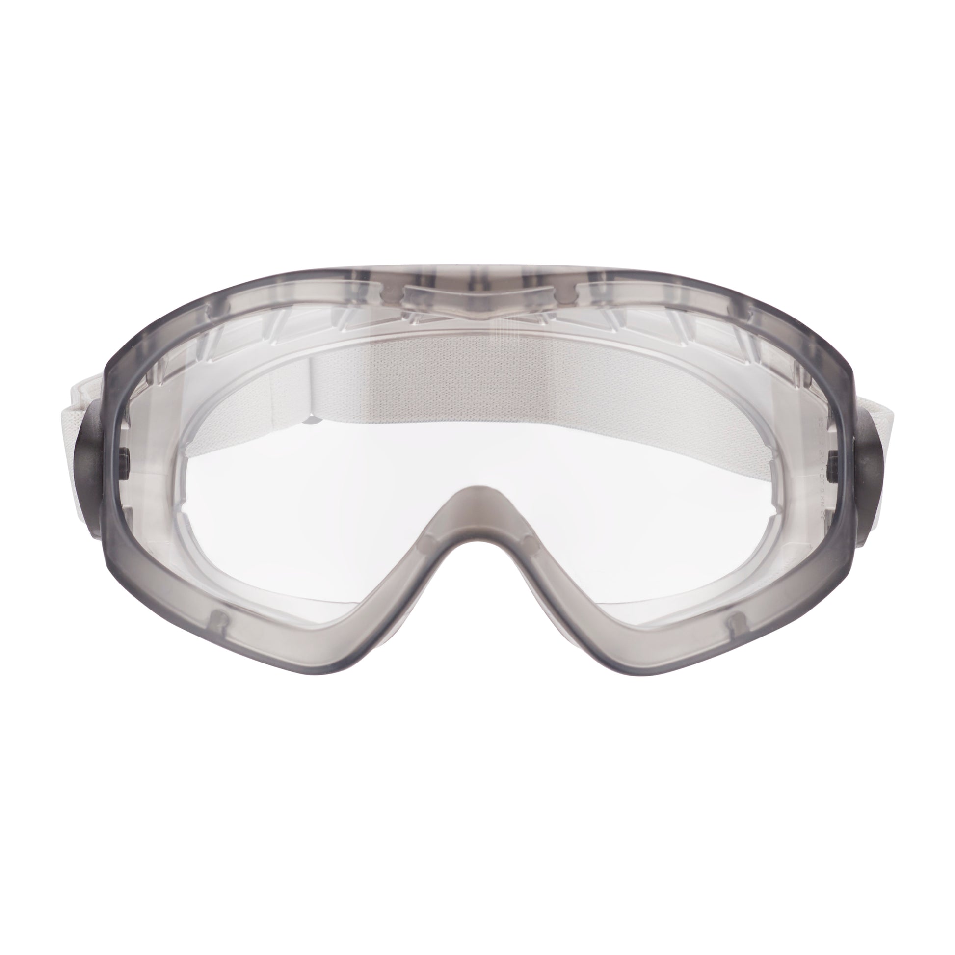 Die 3M™ Schutzbrille 2890, versiegelt, mit Klarsichtscheibe und grauem Rahmen sowie verstellbarem weißen Elastikband von 3M Deutschland GmbH ist frontal auf weißem Hintergrund abgebildet. Die Packung enthält 1 Stück.