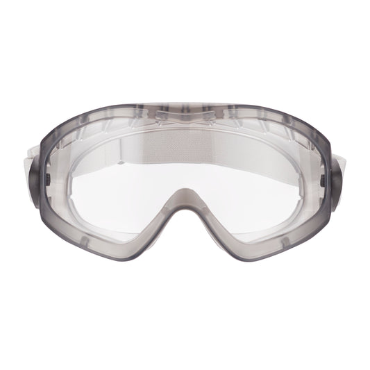 Die 3M™ Schutzbrille 2890, versiegelt, mit Klarsichtscheibe und grauem Rahmen sowie verstellbarem weißen Elastikband von 3M Deutschland GmbH ist frontal auf weißem Hintergrund abgebildet. Die Packung enthält 1 Stück.
