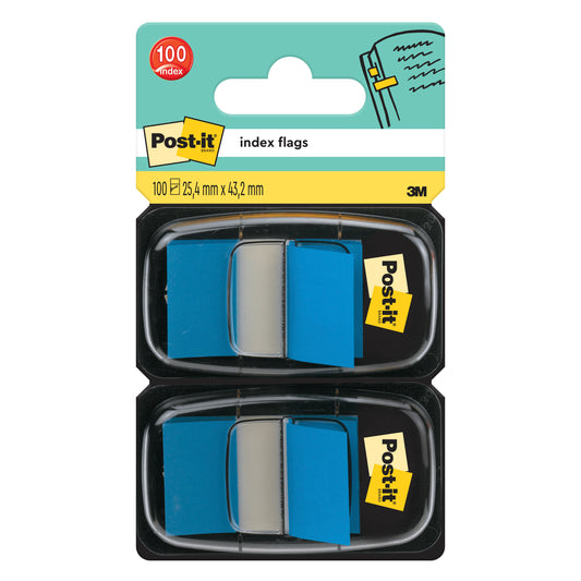 Packung Post-it® Index Haftstreifen von 3M Deutschland GmbH mit 2 Spendern mit je 50 blauen Haftstreifen (25,4 mm x 43,2 mm), in klarer Kunststoffverpackung mit Etikett oben.