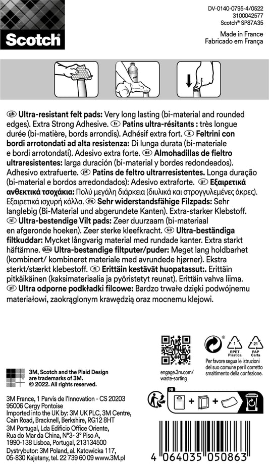 Scotch® Extrembeständige Filzpads SP87A35 von 3M Deutschland GmbH: mehrsprachiges Etikett, Icons und fettgedruckter Text heben die Ultra-Resistenz, Extra-Stärke und Langlebigkeit des Bi-Materials mit abgerundeten Kanten hervor; Barcode an der Unterseite. 8 grau/weiße selbstklebende Pads (Ø 25mm).
