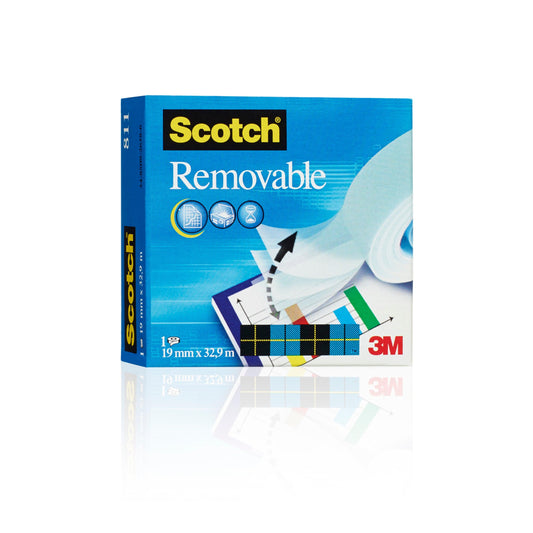 Abgebildet ist eine blaue Schachtel 3M Scotch® unsichtbares Klebeband, ablösbar (19 mm x 33 m, 1 Rolle) mit einem Klebeband, das von einer Oberfläche abgezogen wird. Auf dem Karton sind Produktdetails und Symbole für Klebebandanwendungen abgebildet.
