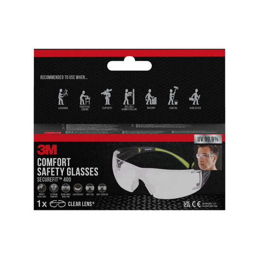 Eine Packung 3M™ SecureFit™ Schutzbrille 400 von 3M Deutschland GmbH mit klaren Gläsern, ideal für Gartenarbeit, Schleifen, Schreinerei, Umgang mit Gefahrstoffen und Malerarbeiten. Bietet 99,9 % UV-Schutz.