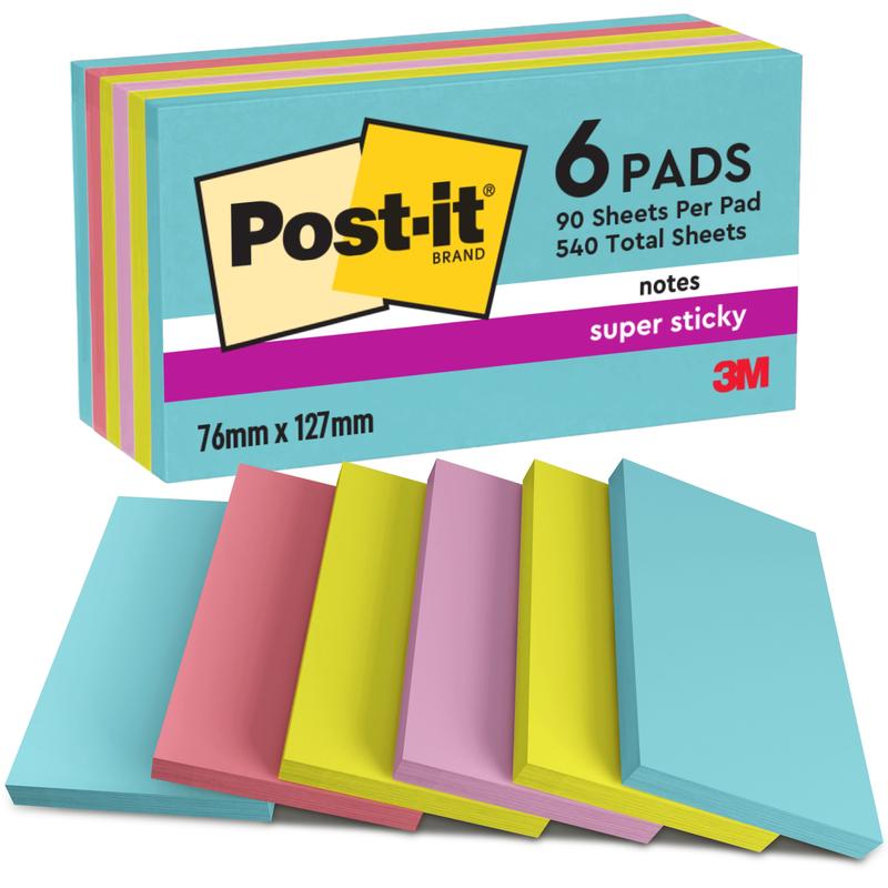 A 6-pack of Post-it® Super Sticky Notes (76 mm x 127 mm, 90 sheets/block, 100% PEFC) from 3M Deutschland GmbH in blue, pink, yellow, and lavender colors, both in packaging and fanned out as a display.