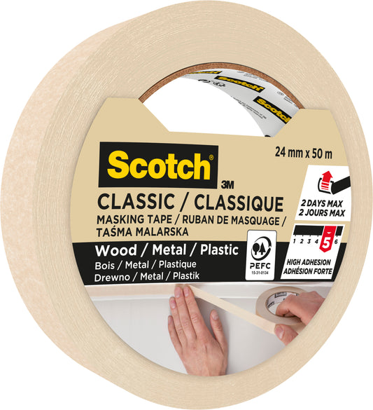 Scotch® Classic Abdeckband von 3M Deutschland GmbH, Rolle 24 mm x 50 m, für die Anwendung auf Holz, Metall und Kunststoff, mit hoher Klebkraft und max. 2 Tagen Anwendungsdauer. Die Packung enthält 1 Rolle, PEFC-zertifiziert (70%).