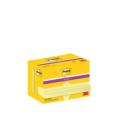 A yellow Post-it® Super Sticky Notes box (47.6 x 47.6 mm, 90 sheets/pad, 100% PEFC) from 3M Deutschland GmbH shows the Post-it and 3M logos with a purple stripe and product information on the packaging.