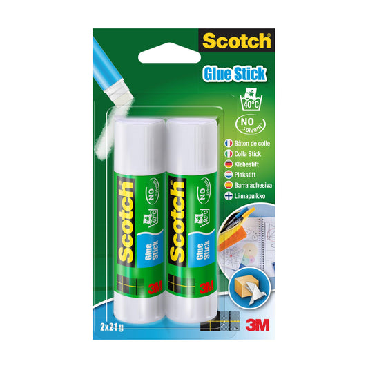 Eine Packung mit zwei 21g Scotch® Permanent-Klebestiften von 3M Deutschland GmbH, in einem Kunststoffblister mit grüner und blauer Kartenrückseite, mehrsprachigem Text und dem 3M Logo unten rechts.